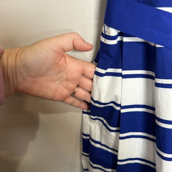 Milly Dress White Navy Stripes Size 14 Sleeveless Belt Button Front Pockets - Picture 6 of 10